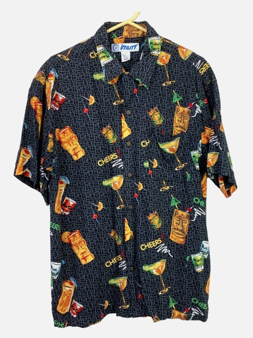 Utility Black Tiki Cocktail Print Short-Sleeve Button Down Shirt